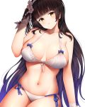  1girl bangs bare_shoulders bikini black_hair blunt_bangs blush breasts collarbone flower girls_frontline gloves hair_flower hair_ornament hairband hand_in_hair highres large_breasts long_hair looking_at_viewer navel parted_lips qbz-95_(girls_frontline) simple_background solo swimsuit very_long_hair white_background white_bikini white_gloves white_hairband wsman yellow_eyes 