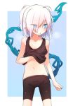  1girl bike_shorts blue_eyes female flat_chest hair_over_one_eye higashi_shino highres midriff navel original pointy_ears ponytail slit_pupils solo white_hair 