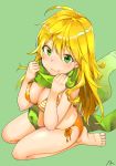  1girl ahoge bare_arms bare_legs barefoot bikini blonde_hair blush breasts cleavage commentary_request eyebrows_visible_through_hair full_body green_background green_eyes green_scarf hoshii_miki idolmaster large_breasts long_hair looking_at_viewer messy_hair scarf scarf_grab side-tie_bikini simple_background sitting smile solo swimsuit yanngoto 