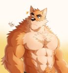  2019 abs anthro biceps big_muscles blue_eyes canid canine canis chest_tuft domestic_dog fur hi_res male mammal muscular muscular_male otake pecs takemoto_arashi tan_fur tuft 