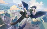  1boy bird black_wings blue_sky book braid braided_ponytail brown_footwear brown_pants building city cloud copyright_name day fantasy green_capelet highres long_hair looking_at_viewer low_ponytail male_focus melaelathayer_tetellie moon mountain outdoors pants pixiv_fantasia pixiv_fantasia_last_saga pointy_ears quill rackety red_eyes sky solo suspenders tree very_long_hair wings 