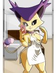  2019 anthro anthrofied apron breasts cellphone clothing delcatty digital_media_(artwork) felid female fur hi_res holding_object holding_phone inside mammal mirror mirror_selfie naked_apron nintendo nipple_outline phone pok&eacute;mon pok&eacute;mon_(species) pok&eacute;morph selfie smile solo tortoisesensei video_games 