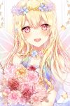  :d bang_dream! bangs blonde_hair blue_dress blush bouquet breasts bug butterfly choker dress eyebrows_visible_through_hair flower hair_between_eyes hair_flower hair_ornament hair_ribbon head_tilt highres holding holding_bouquet insect long_hair looking_at_viewer open_mouth pink_eyes ribbon see-through shirasagi_chisato sidelocks small_breasts smile taya_5323203 upper_body wings wreath 