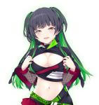  1girl bangs belt black_hair blunt_bangs breasts brown_eyes cleavage cleavage_cutout collar commentary_request dress eyebrows_visible_through_hair graphite_(medium) green_hair half-closed_eyes highres idolmaster idolmaster_shiny_colors large_breasts long_hair long_sleeves looking_at_viewer mayuzumi_fuyuko mechanical_pencil midriff multicolored_hair open_mouth pencil polka_dot sakana skirt smile solo traditional_media two-tone_hair two_side_up white_background 