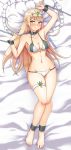  1girl arm_up bed bed_sheet bikini blonde_hair blush breasts chain chained chains eyebrows_visible_through_hair fetish gem glitchynpc hair_ornament hand_gesture headpiece hikari_(xenoblade_2) jewelry large_breasts long_hair lying navel nintendo pillow shy solo swimsuit thigh_strap tiara tsundere very_long_hair xenoblade xenoblade_(series) xenoblade_2 yellow_eyes 