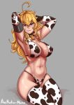  1girl absurdres aestheticc-meme ahoge animal_ears animal_print bangs bell bell_collar belly bikini bikini_bottom bikini_top blonde_hair breasts cleavage closed_mouth collar cow_bell cow_girl cow_horns cow_print elbow_gloves erect_nipples eyebrows female gloves hair hair_between_eyes half-closed_eyes highres hips horn horns large_breasts legs legs_together long_hair looking_at_viewer midriff narrow_waist navel nipples purple_eyes rwby shiny shiny_hair shiny_skin sitting slender_waist small_waist smile solo spaghetti_strap stomach strap swimsuit thick_thighs thighhighs thighs underwear very_long_hair wide_hips yang_xiao_long 