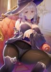  1girl bangs blush boots breasts chair closed_mouth commentary_request detached_sleeves dress dress_lift eyebrows_visible_through_hair gusset hair_between_eyes hat kibanda_gohan large_breasts long_hair looking_at_viewer navel original panties panties_under_pantyhose pantyhose purple_eyes silver_hair sitting solo thigh_boots thighhighs thighs underwear wide_sleeves witch_hat 