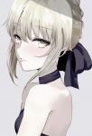  1girl artoria_pendragon_(all) artoria_pendragon_(lancer_alter) bangs bare_shoulders blonde_hair braid breasts choker commentary_request eyebrows_visible_through_hair face fate/grand_order fate_(series) from_side hair_between_eyes hair_ornament hair_ribbon highres ka1se1 looking_at_viewer medium_breasts parted_lips ribbon short_hair simple_background sleeveless solo strapless upper_body white_background yellow_eyes 