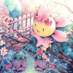  bush caomor cherrim cherry_blossoms commentary creatures_(company) eyes_closed fence flower game_freak gen_4_pokemon light_rays nintendo no_humans open_mouth outdoors pink_flower pokemon pokemon_(creature) smile sunbeam sunlight symbol_commentary traditional_media tree tree_branch watercolor_(medium) 