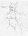 anthro anthrofied breasts cleavage clothed clothing cutie_mark dialogue english_text equid eyeshadow fangs female friendship_is_magic hi_res horn longinius makeup mammal monochrome my_little_pony nightmare_moon_(mlp) piercing pose sketch slit_pupils solo standing swimsuit text winged_unicorn wings 