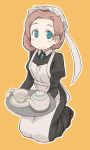  apron aqua_eyes blush_stickers brown_hair cup highres holding looking_at_viewer maid maid_apron maid_cap original seiza simple_background sitting smile teacup teapot tray tugeneko 
