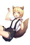  1girl :d animal_ear_fluff animal_ears black_skirt blonde_hair blush breasts collarbone commentary_request commission dog_ears dog_paws dog_tail eyebrows_visible_through_hair fang hair_between_eyes highres looking_at_viewer open_mouth original paw_pose paws raizen_(jung_0000) shirt short_hair short_sleeves simple_background skirt small_breasts smile suspenders tail white_background white_shirt 