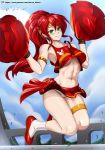  1girl absurdres blush breasts cheerleader full_body green_eyes highres long_hair looking_at_viewer medium_breasts navel ponytail pyrrha_nikos red_hair rwby skirt smile solo underboob underwear vilde_loh_hocen 