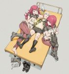  1boy 2girls black_boxer_briefs black_legwear blindfold bottle boxers clothes_removed devola dirty footwear_removed healing highres knee_pads licking_lips long_hair lying multiple_girls navel nier_(series) nier_automata on_back popola red_hair shinya_komi shoes silver_hair single_shoe smile stomach tongue tongue_out unconscious underwear yorha_no._9_type_s 