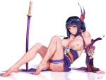  1girl arm_support bangs bare_legs barefoot blue_hair blush breasts brown_eyes choker cleavage detached_sleeves eyebrows_visible_through_hair hair_between_eyes hair_ornament highres huge_breasts katana large_breasts long_hair looking_at_viewer mole mole_under_eye open_mouth original reclining rosaline sheath sitting smile solo sword thighs toes weapon 
