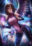  1girl alexandra_mae angel_wings banned_artist bodysuit boku_no_hero_academia breasts brown_eyes brown_hair commentary covered_navel english_commentary heart highres light_smile lips looking_at_viewer medium_breasts nail_polish patreon_username red_nails short_hair signature smile solo standing uraraka_ochako wings 