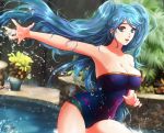  1girl :d alternate_costume aqua_eyes aqua_hair arcade_sona arm_up armpits bare_arms bare_legs blue_swimsuit blurry blurry_background breasts casual_one-piece_swimsuit cleavage collarbone day esther eyebrows_visible_through_hair female floating_hair large_breasts league_of_legends legs lips lipstick long_hair looking_at_viewer makeup nail_polish neck one-piece_swimsuit open_mouth outdoors outstretched_arm outstretched_hand pink_lipstick pool red_lips red_nails sideboob signature smile solo sona_buvelle standing strapless strapless_swimsuit swimsuit twintails very_long_hair water 