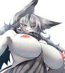  anthro areola big_breasts blue_eyes breasts canid canine canis eye_through_hair female grey_hair hair hi_res kemono kouseki0024 long_hair looking_at_viewer low-angle_view mammal nipples open_mouth scarf simple_background smile solo translucent_hair white_background wolf 
