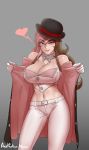  1girl absurdres aestheticc-meme belly_peek biting bowler_hat crop_top female gloves hat heart heart-shaped_pupils highres jewelry lip_biting necklace neo_(rwby) pink_hair rwby smile spoken_heart symbol-shaped_pupils white_gloves white_legwear 