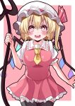  1girl :d absurdres bangs black_legwear blonde_hair blush breasts commentary_request crystal eyebrows_behind_hair flandre_scarlet hair_between_eyes hat highres laevatein_(touhou) looking_at_viewer maboroshi_mochi mob_cap pink_background red_eyes simple_background smile solo thighhighs touhou wings 