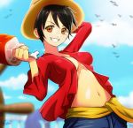  1girl arm_up bird black_hair blue_pants blue_sky blurry blurry_background breasts cleavage cloud day esther food genderswap genderswap_(mtf) grin hat holding holding_food long_sleeves looking_at_viewer medium_breasts midriff monkey_d_luffy navel one_piece open_clothes open_shirt orange_eyes outdoors pants red_shirt scarf shirt short_hair signature sky smile solo stomach straw_hat sun_hat yellow_headwear 