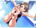  1girl :d absurdres armpits ass bare_legs barefoot blue_eyes blue_swimsuit breasts brown_hair competition_swimsuit cropped detexted feet highres inou_shin love_live! love_live!_sunshine!! medium_breasts midair one-piece_swimsuit open_mouth outstretched_arms scan short_hair smile soles solo sparkle swimsuit third-party_edit toes watanabe_you water_drop 