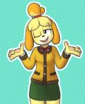  animal_crossing anthro black_nose breasts canid canine canis clothed clothing domestic_dog female fur hair hi_res isabelle_(animal_crossing) jacket mammal maypul_syrup nintendo one_eye_closed open_mouth shih_tzu shirt shrug simple_background skirt smile solo standing video_games wink yellow_fur 