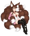  1girl animal_ears between_breasts black_legwear bottomless breasts brown_hair buttons cleavage commission fox_ears fox_tail full_body green_eyes highres jacket large_breasts long_hair looking_at_viewer multiple_tails necktie neckwear_between_breasts no_bra one_eye_closed open_clothes open_shirt original pink_jacket red_neckwear shirt sitting smile solo striped striped_legwear susukitten tail tail_hold thighhighs twintails unbuttoned white_shirt 
