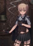  1girl absurdres artist_name bangs black_cape black_gloves black_neckwear black_skirt blush braid breasts brown_hair candelabra candle cape cigar clock collared_shirt commentary corset covered_navel cowboy_shot english_commentary eyebrows_visible_through_hair french_braid garter_straps girls_frontline gloves grandfather_clock green_eyes grey_shirt gun hand_under_clothes highres holding holster huge_filesize indoors lamp looking_at_viewer miniskirt necktie nimoh_(jeongco21) parted_lips pleated_skirt shirt short_sleeves short_twintails skirt small_breasts smile smoke solo striped table thigh_holster twintails v-shaped_eyebrows vertical-striped_skirt vertical_stripes wall weapon welrod_mk2_(girls_frontline) wing_collar 