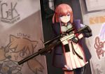  1girl absurdres ar-15 black_gloves blue_eyes blue_hair brown_hair closed_mouth fingerless_gloves girls_frontline gloves graffiti gun highres holding holding_gun holding_weapon idw_(girls_frontline) jacy lee-enfield_(girls_frontline) looking_at_viewer rifle short_hair short_twintails sniper_rifle solo st_ar-15_(girls_frontline) twintails wanted weapon 