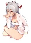  1girl asuzemu bandage bangs barefoot bottomless bow breasts cigarette eyebrows_visible_through_hair fujiwara_no_mokou hair_between_eyes hair_bow hand_up holding holding_cigarette long_hair long_ponytail long_sleeves looking_at_viewer navel open_clothes open_shirt parted_lips ponytail red_eyes sarashi shirt silver_hair simple_background sitting small_breasts solo stomach thighs touhou white_background white_bow white_shirt 