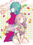  1boy 1girl brown_eyes brown_hair dots dress genderswap green_eyes green_hair kagerou_project kano_shuuya kido_tsubomi komyu_(masheri) long_hair looking_at_another multicolored multicolored_background red_sweater short_hair sweater sweater_vest text_messaging yellow_dress younger 