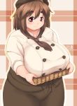  1girl blush breast_rest breasts brown_hair eno_konoe fat hat huge_breasts large_breasts looking_at_viewer mikomu original plump red_eyes short_hair smile solo standing thick_eyebrows 