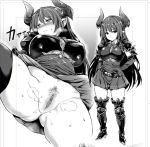  1girl bangs blush breasts clitoris closed_mouth eyebrows_visible_through_hair forte_(shingeki_no_bahamut) granblue_fantasy horns large_breasts long_hair looking_at_viewer monochrome mushi024 nipples nude pointy_ears pubic_hair pussy shingeki_no_bahamut simple_background spread_legs standing steam sweat uncensored 