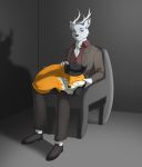  2019 amber ambiguous_gender anthro antlers bowler_hat chair classy clothed clothing digital_media_(artwork) dis dis_the_fox duo eye-wear eyewear fedora female feral floof fully_clothed fur glasses hat hi_res horn invalid_color lap lazuli(artist) looking_at_viewer male male/female mammal sil(character) simple_background smile suit white_fur 
