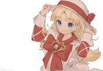  1girl ashita_no_nadja blonde_hair blue_eyes blush bow brooch dress eyebrows_visible_through_hair hat hat_bow heart jewelry long_hair long_sleeves looking_at_viewer nadja_applefield porkpie_hat ryota_(ry_o_ta) signature simple_background smile solo upper_body white_background 