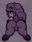  2019 anthro balls big_butt bovid butt caprine cel_shading demon dickgirl digital_drawing_(artwork) digital_media_(artwork) eloise_(pseudofaun) fingers freckles fur hair hi_res hooved_fingers hooves horn hybrid intersex long_hair looking_at_viewer looking_back lying mammal nude on_front pink_eyes presenting pseudofaun purple_fur purple_hair purple_skin purple_theme raised_tail rear_view satyr shaded short_stack signature simple_background smile solo solo_focus thick_thighs toony 