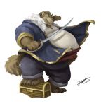  anthro barefoot belly belly_overhang big_belly blizzard_entertainment brown_fur brown_hair canid canine cedric_galloway claws clothed clothing cutlass ear_piercing fur hair hand_on_stomach hi_res holding_object holding_weapon kygen male mammal melee_weapon obese obese_male overweight overweight_male piercing pirate ponytail sash simple_background smile solo step_pose sword toe_claws treasure_chest video_games warcraft weapon were werecanid werecanine werewolf white_background worgen 