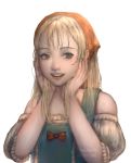  1girl blonde_hair blue_eyes commentary_request dragon_quest dragon_quest_xi dress emma_(dq11) head_scarf long_hair looking_at_viewer open_mouth puffy_short_sleeves puffy_sleeves short_sleeves simple_background smile solo straight_hair white_background 