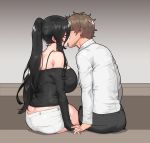  1boy 1girl bangs bare_shoulders black_pants black_sweater breasts brown_hair collared_shirt couple eyes_closed glasses high_ponytail highres interlocked_fingers kiss large_breasts long_hair mimyo off-shoulder_shirt off_shoulder original pants ponytail shirt short_hair short_shorts shorts sidelocks sitting sweater thighs white_shirt white_shorts 