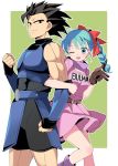  1boy 1girl ;d arm_at_side armor back-to-back belt black_eyes black_hair blue_hair braid breasts brown_gloves bulma character_name clenched_hands clothes_writing commentary_request cowboy_shot dbl_(shallot) dragon_ball dragon_ball_(classic) dragon_ball_legends dress eyebrows_visible_through_hair feet_out_of_frame frown gloves green_background hair_ribbon leotard locked_arms medium_breasts neckerchief one_eye_closed open_mouth pink_dress purple_neckwear red_ribbon ribbon shallot_(dragon_ball) short_dress single_glove skirt skirt_lift smile thighs two-tone_background upper_body upper_teeth white_background 