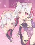 2girls all_fours animal_ears bare_shoulders black_legwear blade_(galaxist) breasts cat_ears circlet covered_navel detached_sleeves dimples_of_venus dress earrings fang fate/grand_order fate_(series) hair_ribbon halterneck jewelry kama_(fate/grand_order) kemonomimi_mode kneeling leaning_forward looking_at_viewer multiple_girls navel no_panties open_mouth paw_pose pelvic_curtain petals pink_eyes revealing_clothes ribbon see-through short_dress silver_hair small_breasts stirrup_legwear symbol-shaped_pupils thighhighs toeless_legwear 
