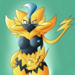  2019 absurd_res anthro big_breasts breasts digital_drawing_(artwork) digital_media_(artwork) felid female fur hi_res legendary_pok&eacute;mon looking_at_viewer mammal neksu nintendo nude pok&eacute;mon pok&eacute;mon_(species) pok&eacute;morph simple_background solo thick_thighs video_games yellow_fur zeraora 