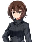  1girl bangs black_sweater brown_eyes brown_hair casual closed_mouth commentary eyebrows_visible_through_hair frown girls_und_panzer highres looking_at_viewer nishizumi_maho ribbed_sweater short_hair simple_background solo sweater turtleneck upper_body white_background zanntetu 