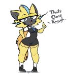  anthro big_eyes blue_eyes blush clothed clothing digital_media_(artwork) electricity english_text felid feline female footwear fur half-closed_eyes hi_res legendary_pok&eacute;mon legwear mammal nintendo pok&eacute;mon pok&eacute;mon_(species) shoes simple_background solo sourspot text uniform video_games whiskers yellow_fur zeraora 