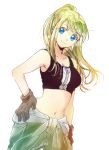  1girl arm_at_side bangs bare_arms bare_shoulders black_tank_top blonde_hair blue_eyes breasts brown_gloves clothes_around_waist commentary_request cowboy_shot dutch_angle eyebrows_visible_through_hair floating_hair fullmetal_alchemist gloves green_pants hand_on_hip looking_away medium_breasts midriff navel pants ponytail simple_background smile solo tank_top tsukuda0310 white_background winry_rockbell zipper 