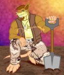  2019 anthro barefoot biceps body_hair brown_eyes brown_hair chest_hair clothed clothing digital_media_(artwork) dog_tags facial_hair fur goatee hair hi_res holding_item kingdomheartskeeper kingdomxathers kneeling looking_at_viewer male mammal muscular muscular_male nintendo open_vest outside pants pecs pok&eacute;mon pok&eacute;mon_(species) pok&eacute;morph raticate rodent shovel simple_background smile solo teeth twitch_plays_pok&eacute;mon vest video_games whiskers 