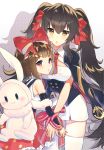  2girls :o animal_backpack bangs bare_shoulders black_cape black_sleeves blush bow breasts brown_eyes brown_hair bunny_backpack cape commentary_request cona_kinaco detached_sleeves eyebrows_visible_through_hair girls_frontline hair_between_eyes hair_bow highres long_hair long_sleeves looking_at_viewer looking_back m99_(girls_frontline) medium_breasts multicolored multicolored_cape multicolored_clothes multiple_girls parted_lips qbz-97_(girls_frontline) red_bow red_cape red_eyes shirt skirt sleeveless sleeveless_shirt star twintails very_long_hair white_background white_shirt white_skirt 