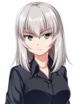  1girl bangs black_shirt blue_eyes casual closed_mouth collared_shirt commentary eyebrows_visible_through_hair frown girls_und_panzer highres itsumi_erika long_hair looking_at_viewer shirt silver_hair simple_background solo upper_body white_background zanntetu 