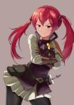  1girl black_legwear brown_gloves closed_mouth crossed_arms fire_emblem fire_emblem_if gloves grey_background hair_ribbon highres hirotaka_(hrtk990203) long_hair long_sleeves luna_(fire_emblem_if) nintendo red_eyes red_hair ribbon scabbard sheath sheathed simple_background solo sword twintails weapon 